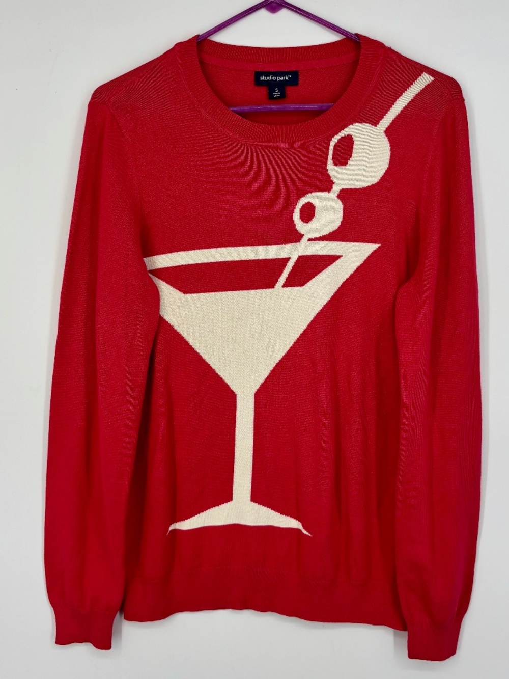 Studio Park Alberti Popaj Womens Small Pullover Sweater Red Martini Intarsia LS